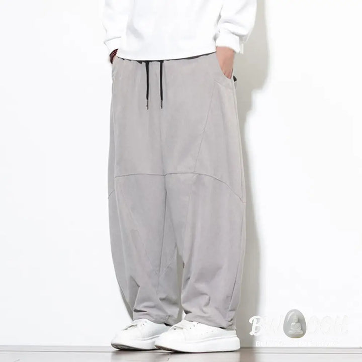 Buddha Stones Drawstring Solid Color Tapered Design Cotton Corduroy Men’s Harem Pants With Pockets - Men’s Harem Pants