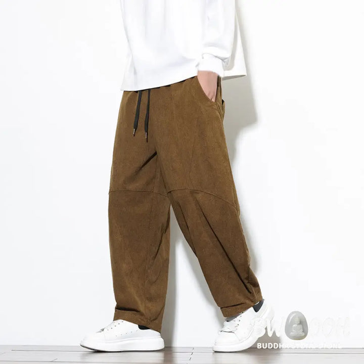 Buddha Stones Drawstring Solid Color Tapered Design Cotton Corduroy Men’s Harem Pants With Pockets - Men’s Harem Pants
