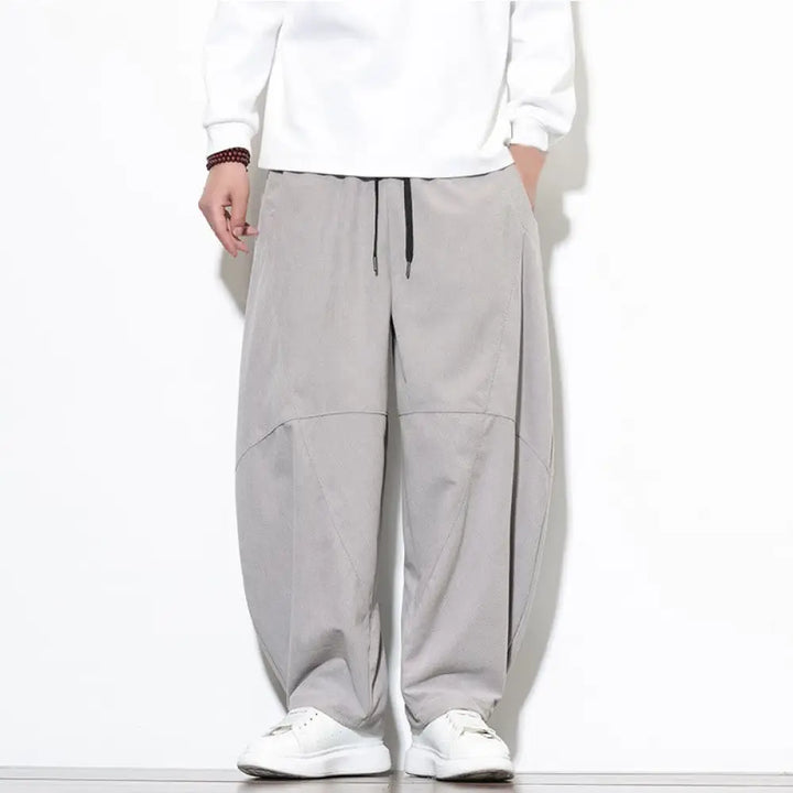 Buddha Stones Drawstring Solid Color Tapered Design Cotton Corduroy Men’s Harem Pants With Pockets - LightGrey