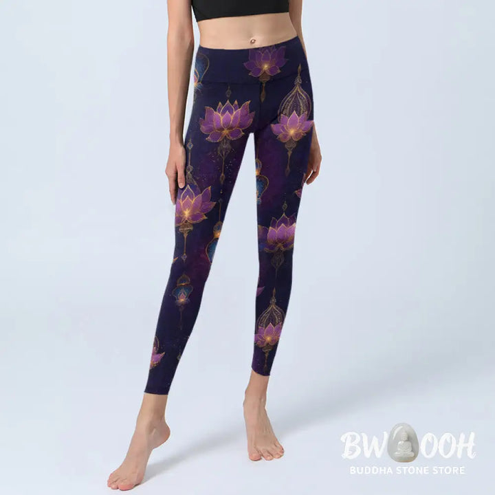 Buddha Stones Dreamlike Lotus Flower Lantern Print Gym Leggings Women&