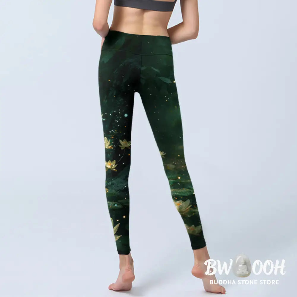 Buddha Stones Dreamlike Lotus Flower Leaf Print Gym Leggings Women&