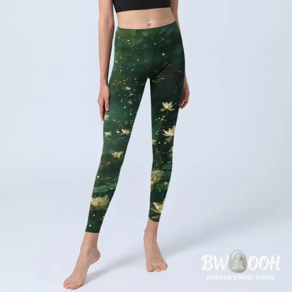 Buddha Stones Dreamlike Lotus Flower Leaf Print Gym Leggings Women&
