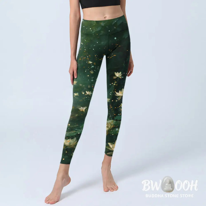 Buddha Stones Dreamlike Lotus Flower Leaf Print Gym Leggings Women&