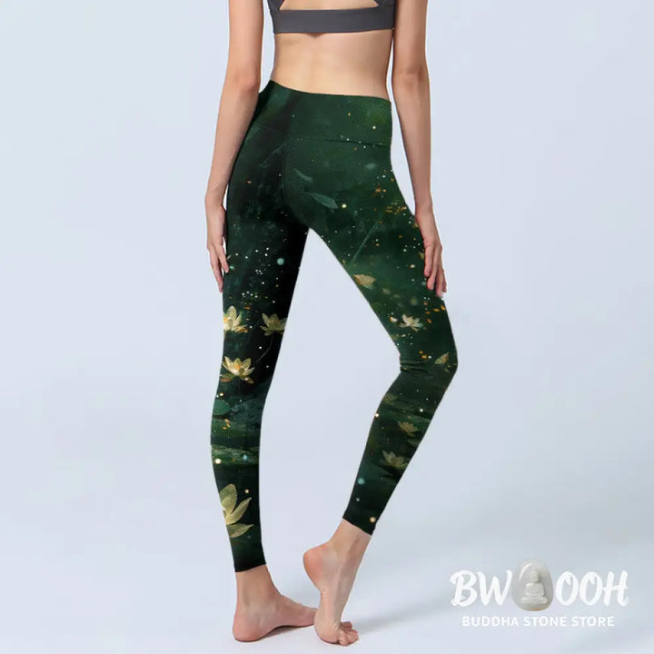 Buddha Stones Dreamlike Lotus Flower Leaf Print Gym Leggings Women&