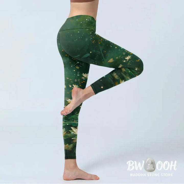 Buddha Stones Dreamlike Lotus Flower Leaf Print Gym Leggings Women&