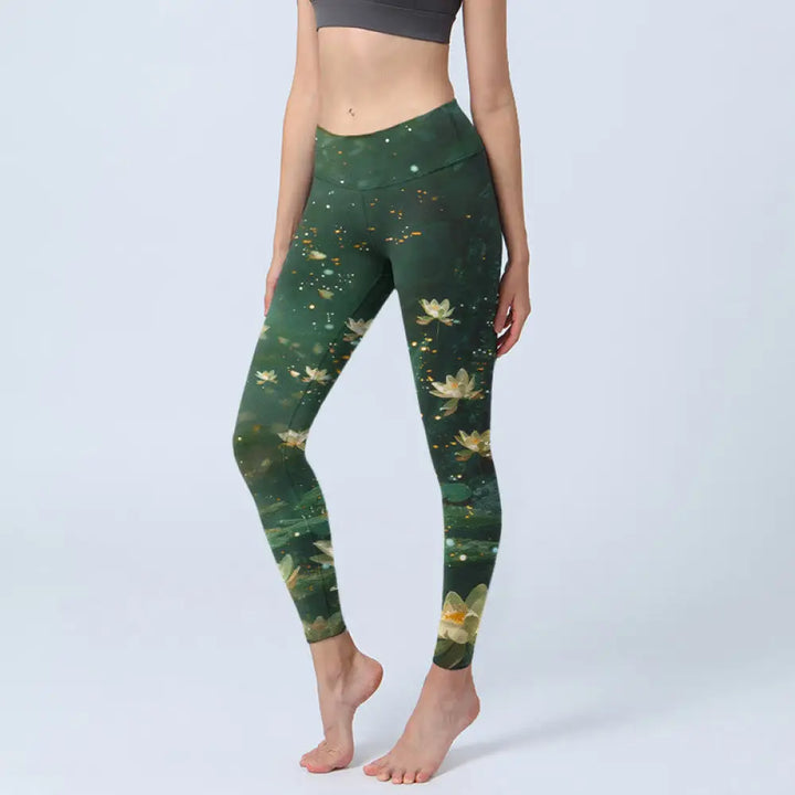 BWOOOH lotus print yoga leggings - Dreamlike Lotus Flower Leaf Print Gym Le