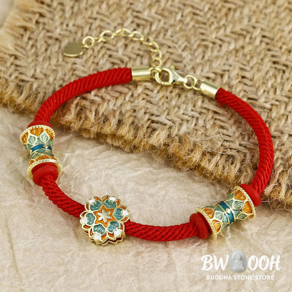 Buddha Stones Dunhuang 925 Sterling Silver Lotus Drum New Beginning Red Rope Bracelet - BWOOOH - 14-17cm - Bracelet