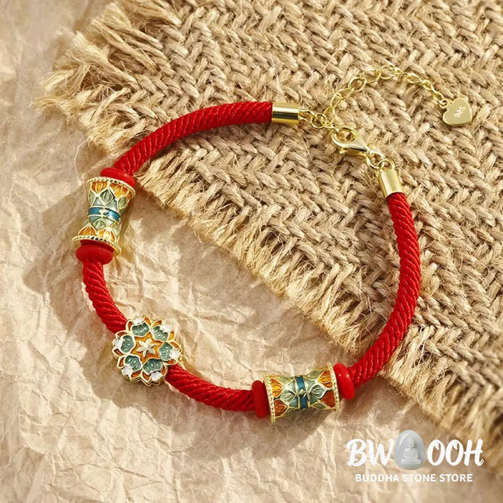 Buddha Stones Dunhuang 925 Sterling Silver Lotus Drum New Beginning Red Rope Bracelet - BWOOOH - 14-17cm - Bracelet