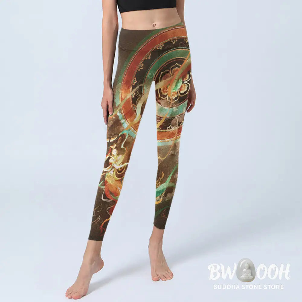 Buddha Stones Dunhuang Flying Apsaras Mandala Print Gym Leggings Women&