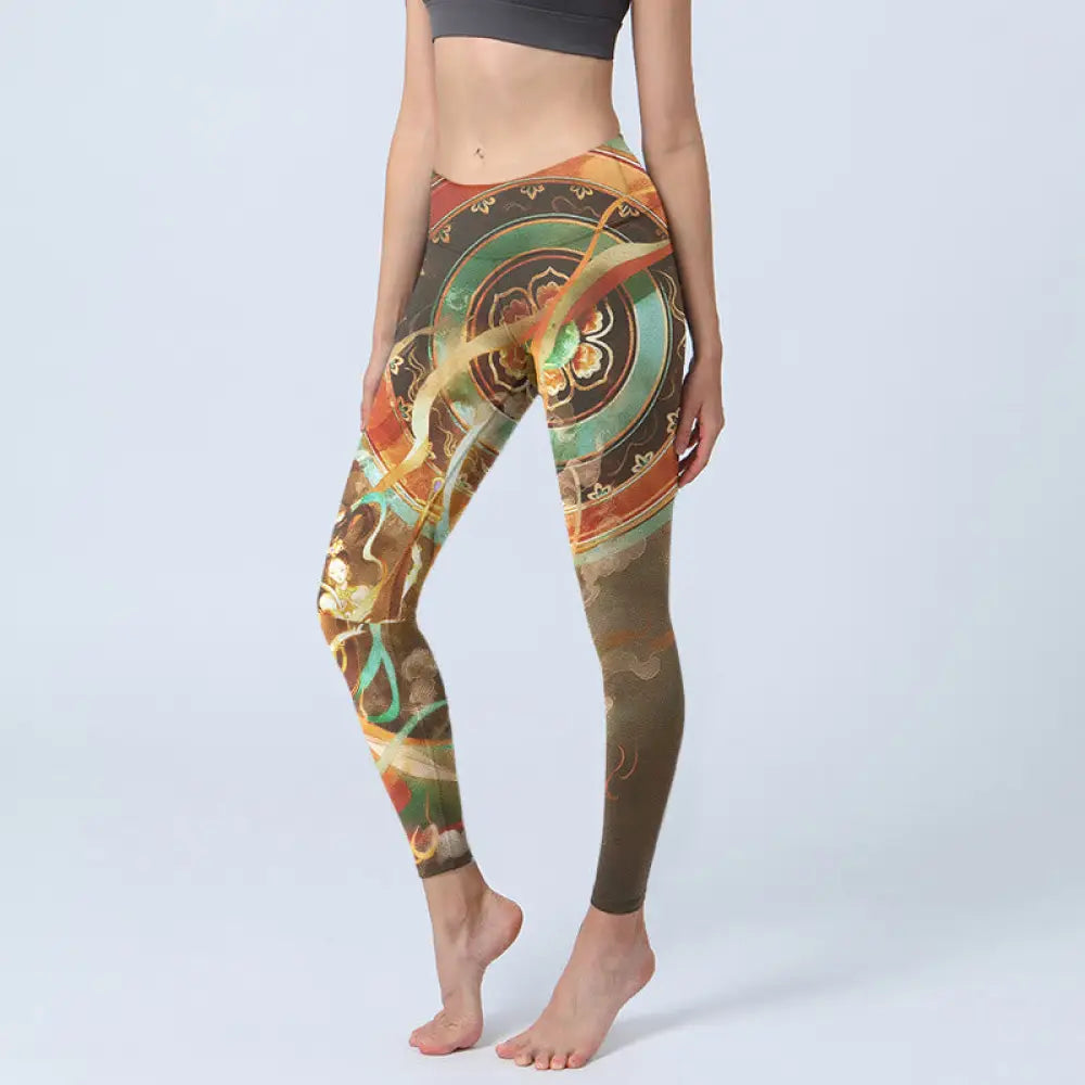 BWOOOH mandala print yoga leggings - Dunhuang Flying Apsaras Mandala Print Gy