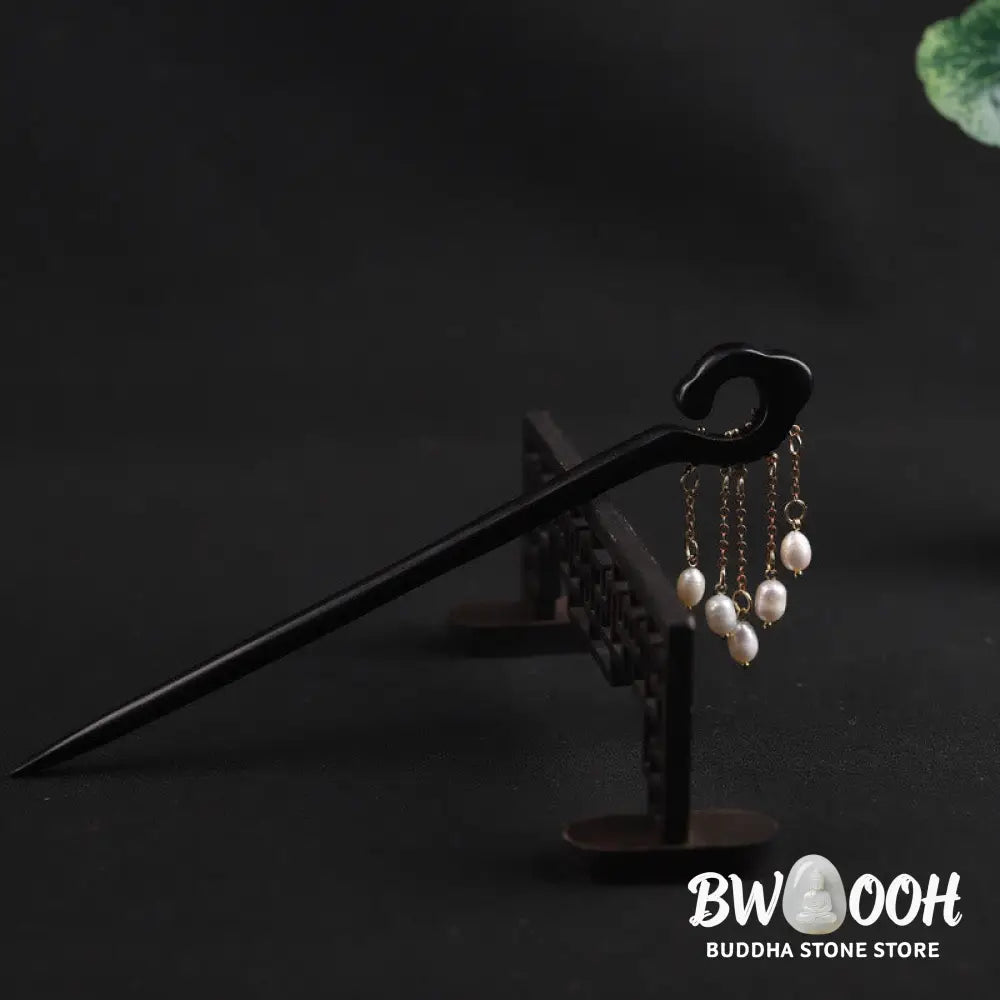 Buddha Stones Ebony Auspicious Cloud Pearl Tassel Protection Hairpin - Ebony Hairpin - Hairpin