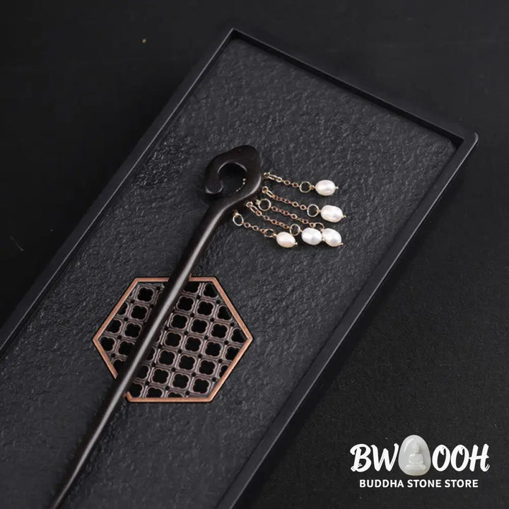 Buddha Stones Ebony Auspicious Cloud Pearl Tassel Protection Hairpin - Ebony Hairpin - Hairpin