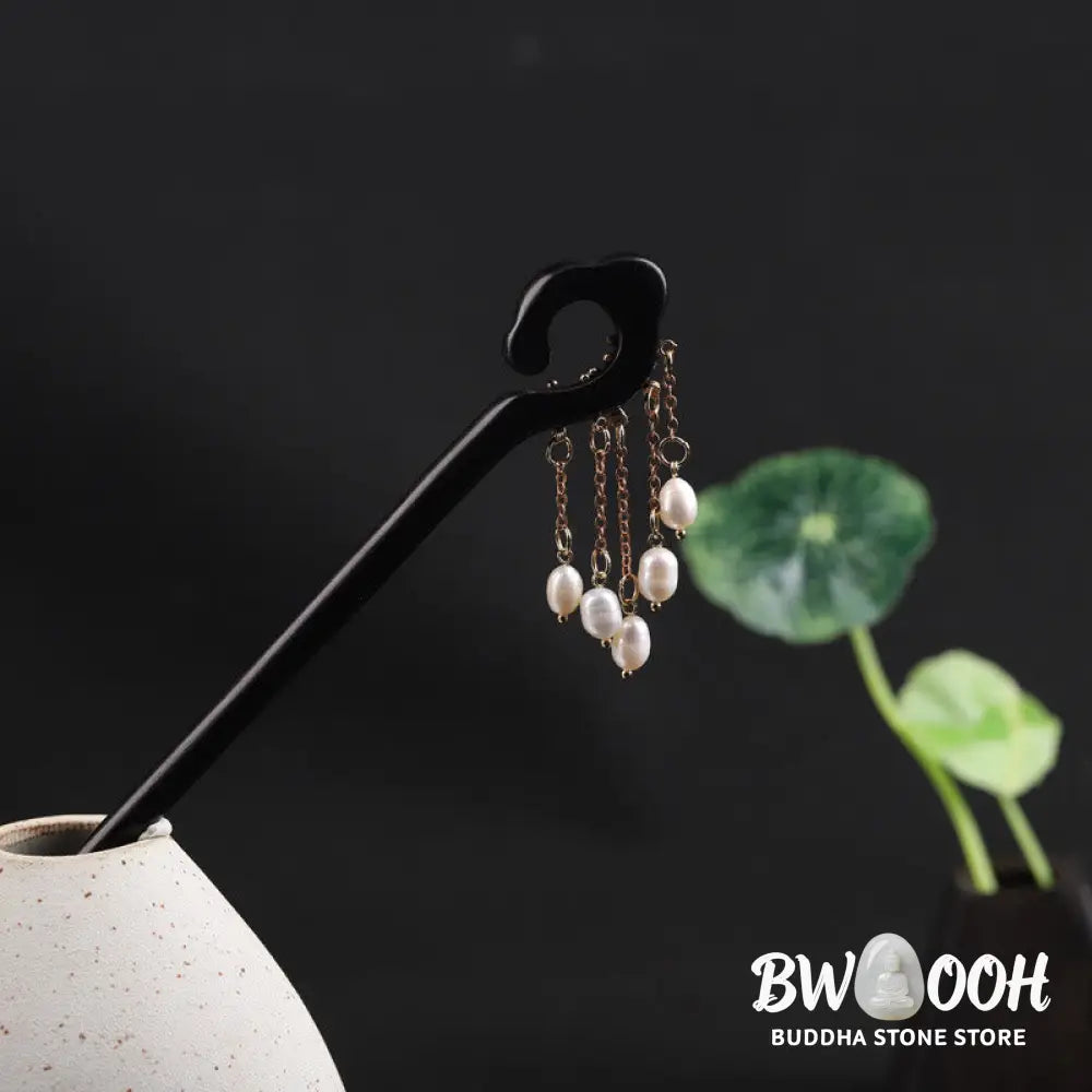 Buddha Stones Ebony Auspicious Cloud Pearl Tassel Protection Hairpin - Ebony Hairpin - Hairpin