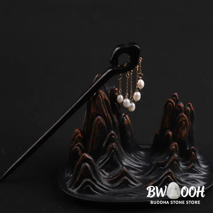 Buddha Stones Ebony Auspicious Cloud Pearl Tassel Protection Hairpin - Ebony Hairpin - Hairpin
