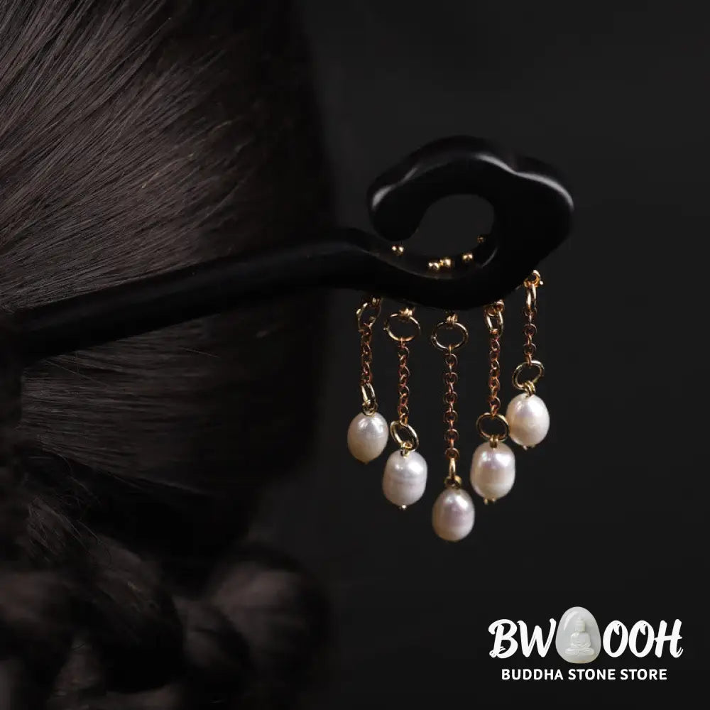 Buddha Stones Ebony Auspicious Cloud Pearl Tassel Protection Hairpin - Ebony Hairpin - Hairpin
