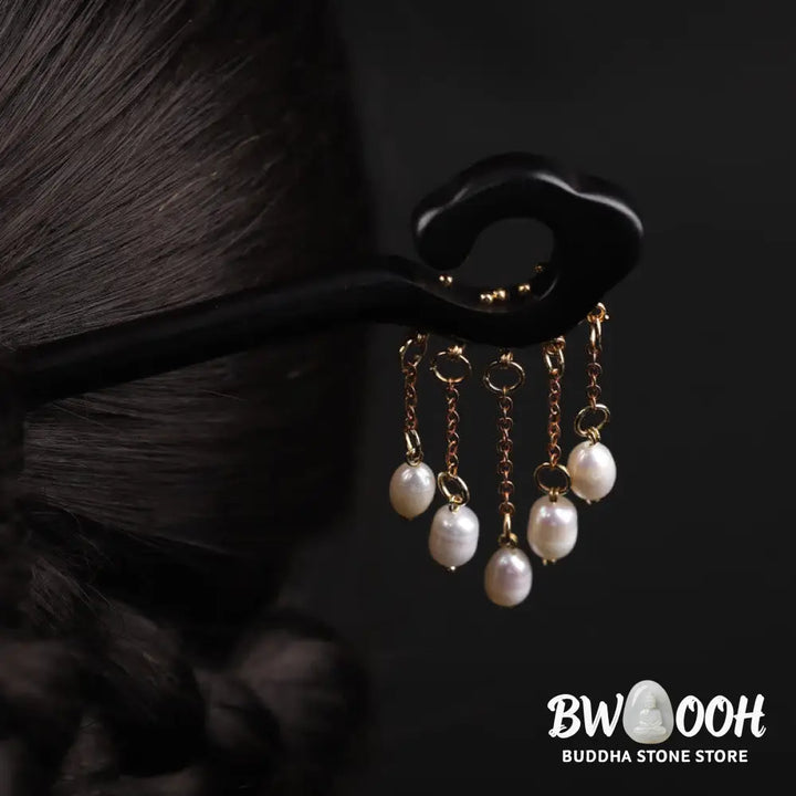 Buddha Stones Ebony Auspicious Cloud Pearl Tassel Protection Hairpin - Ebony Hairpin - Hairpin