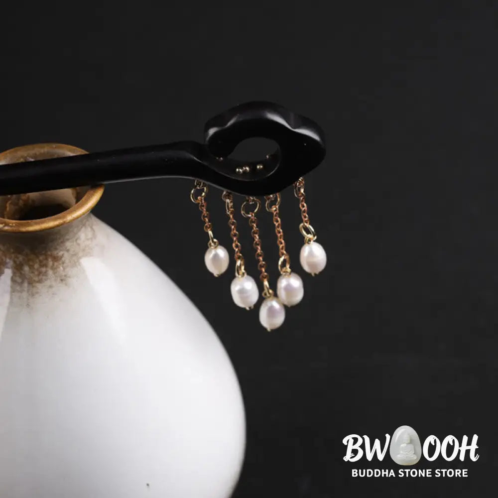 Buddha Stones Ebony Auspicious Cloud Pearl Tassel Protection Hairpin - Ebony Hairpin - Hairpin
