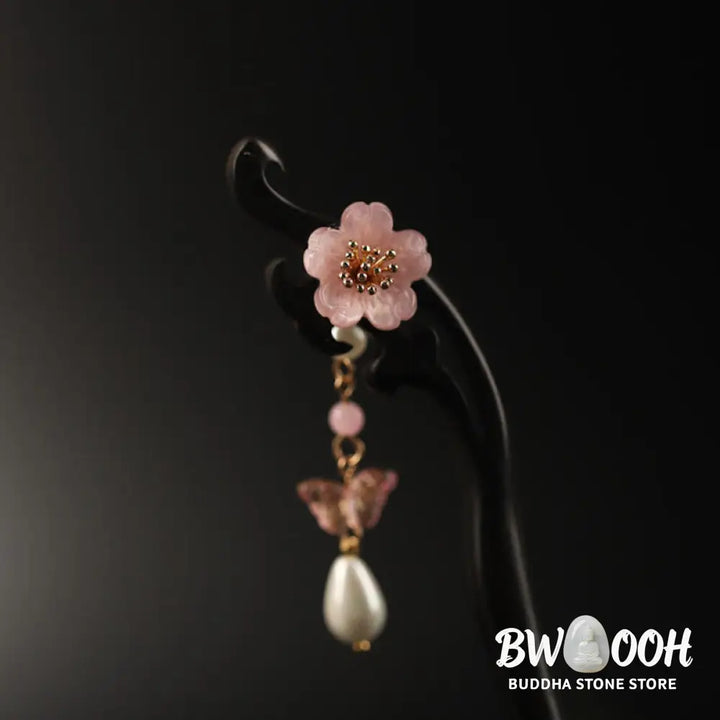 Buddha Stones Ebony Flower Butterfly Blessing Hairpin - Hairpin