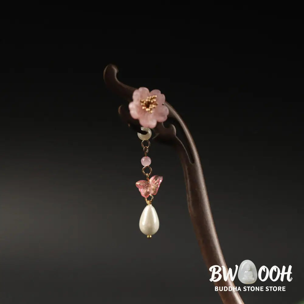 Buddha Stones Ebony Flower Butterfly Blessing Hairpin - Hairpin