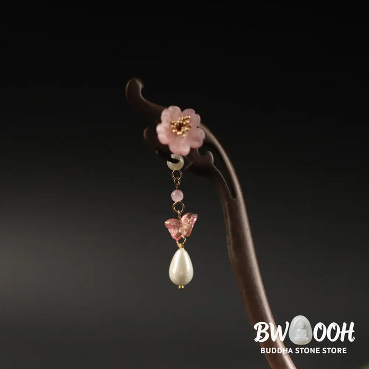 Buddha Stones Ebony Flower Butterfly Blessing Hairpin - Hairpin