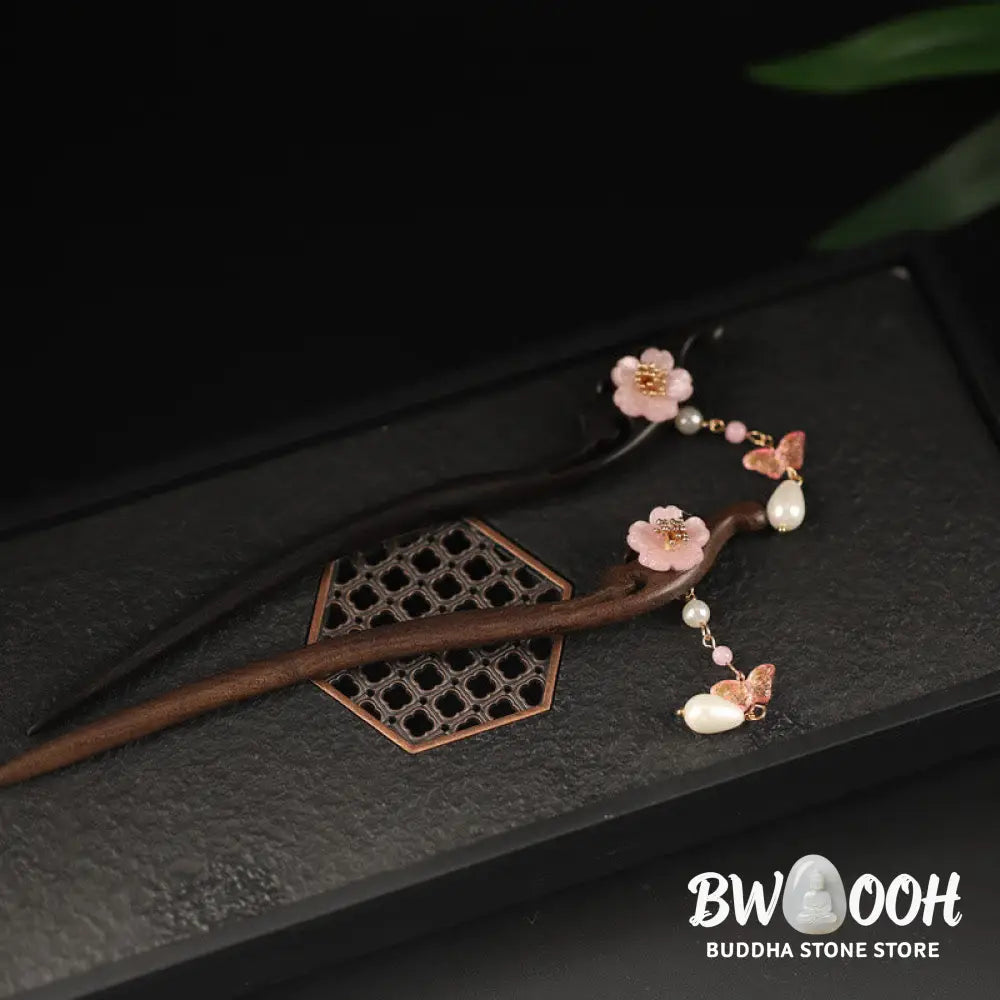 Buddha Stones Ebony Flower Butterfly Blessing Hairpin - Hairpin