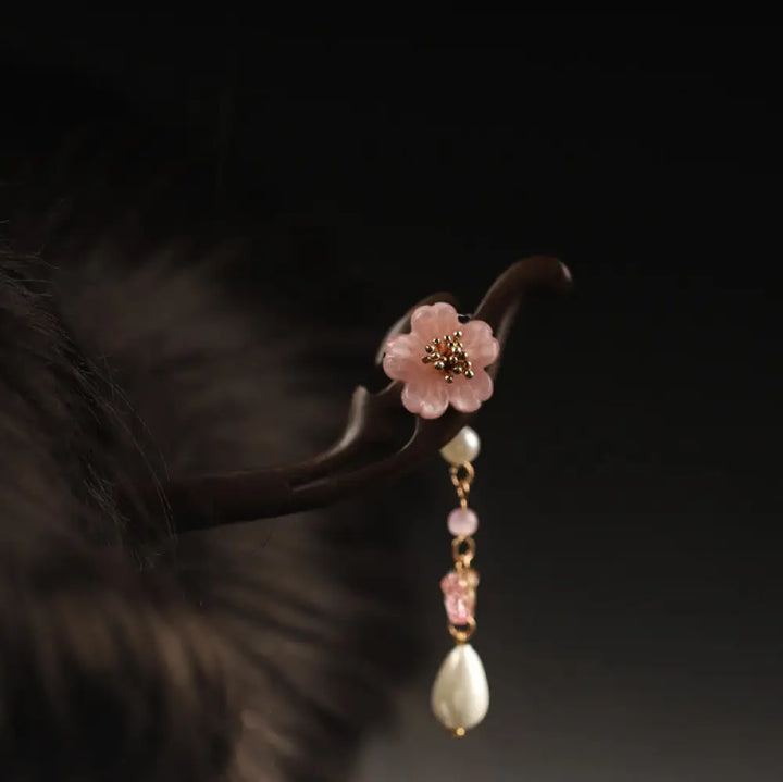 Buddha Stones Ebony Flower Butterfly Blessing Hairpin - Brown-Pink Flower - Hairpin
