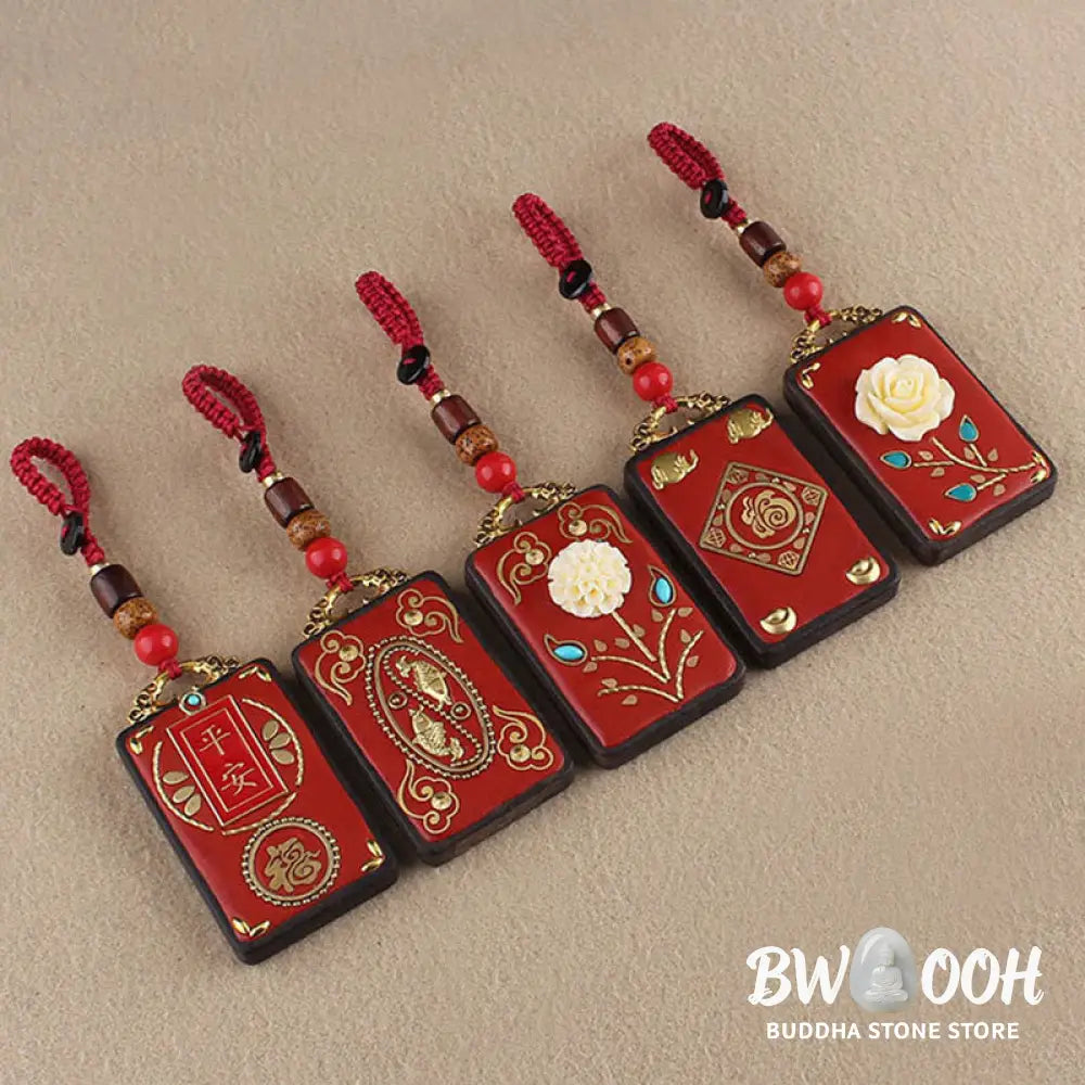 Buddha Stones Ebony Flower Koi Fish Fu Character Button Rope Key Chain - Key Chain