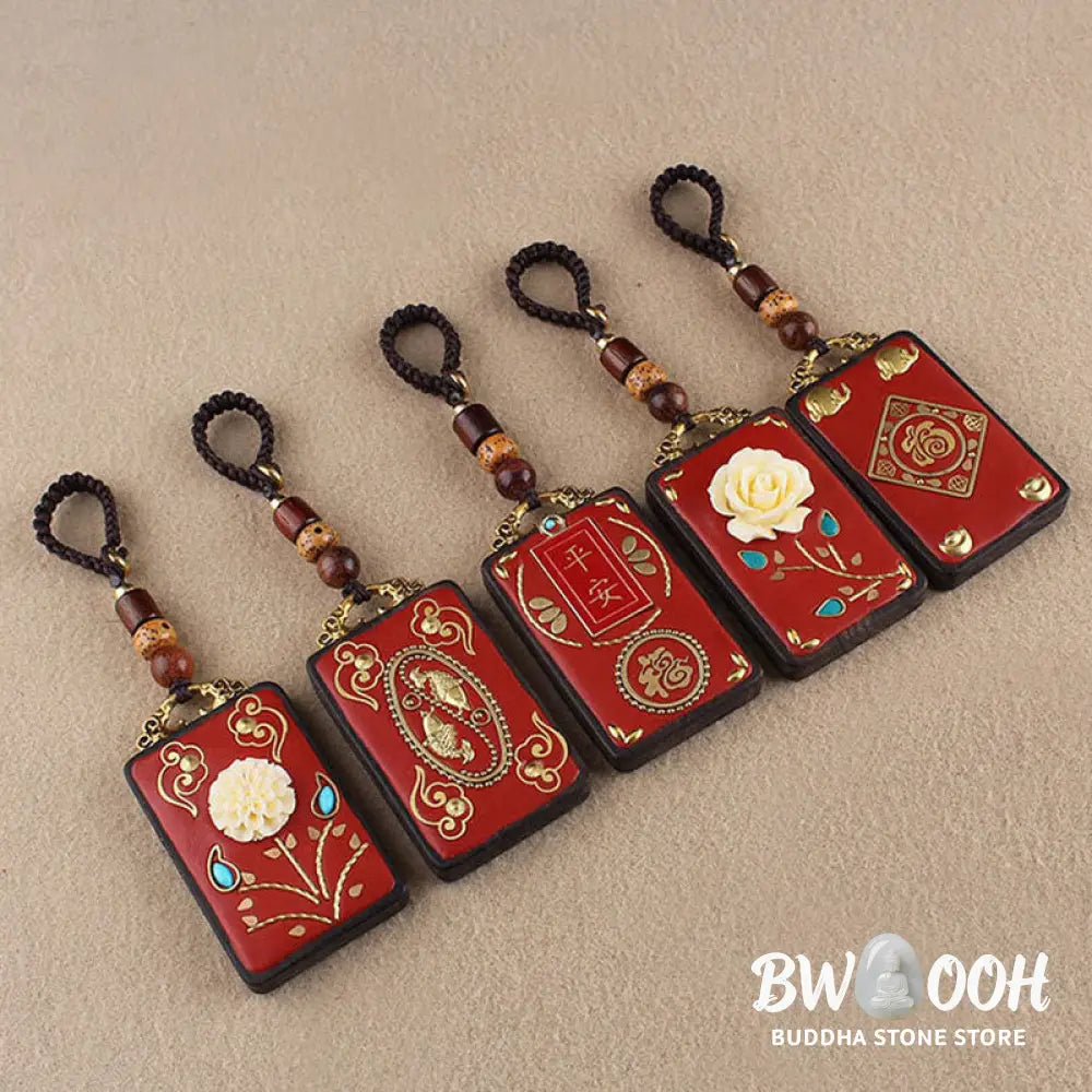 Buddha Stones Ebony Flower Koi Fish Fu Character Button Rope Key Chain - Key Chain