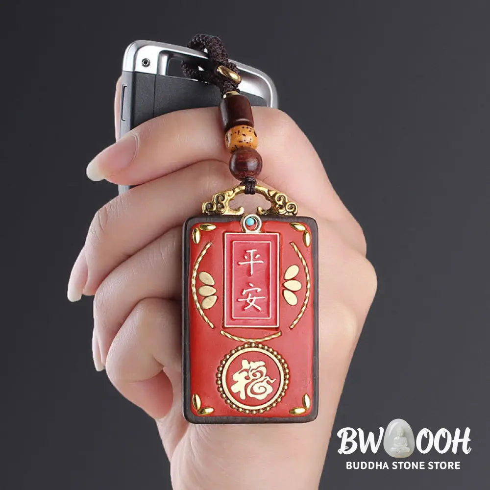 Buddha Stones Ebony Flower Koi Fish Fu Character Button Rope Key Chain - Key Chain
