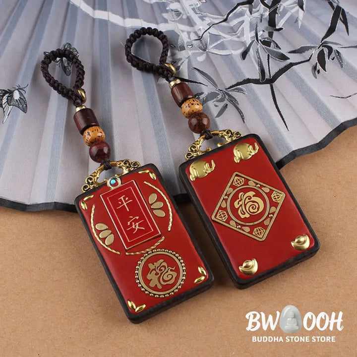 Buddha Stones Ebony Flower Koi Fish Fu Character Button Rope Key Chain - Key Chain