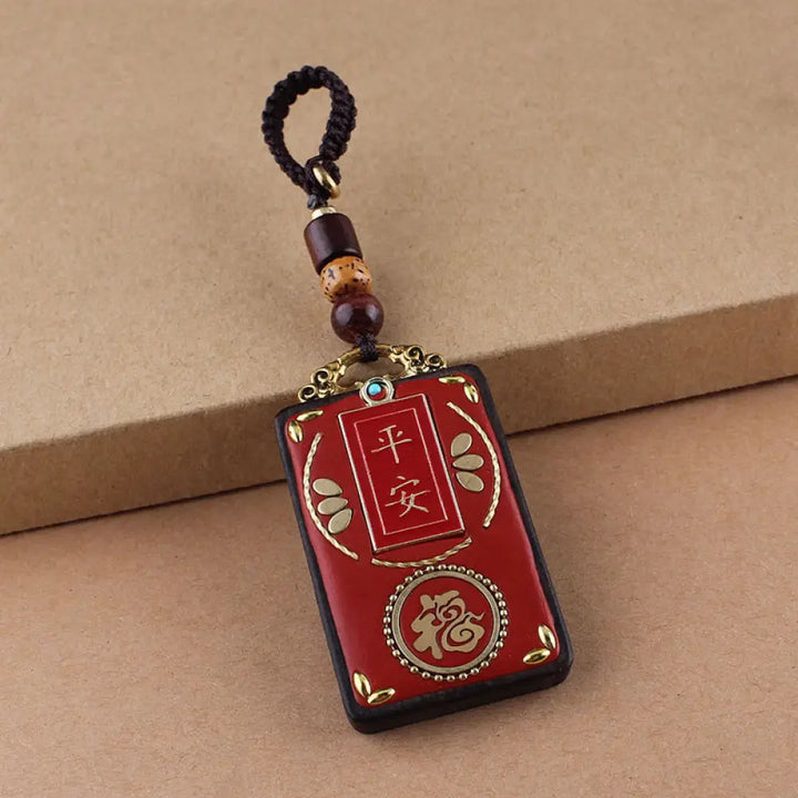 Buddha Stones Ebony Flower Koi Fish Fu Character Button Rope Key Chain - Brown Button Rope / Fu Character - Key Chain