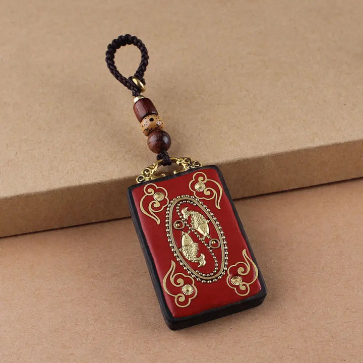 Buddha Stones Ebony Flower Koi Fish Fu Character Button Rope Key Chain - Brown Button Rope / Koi Fish - Key Chain