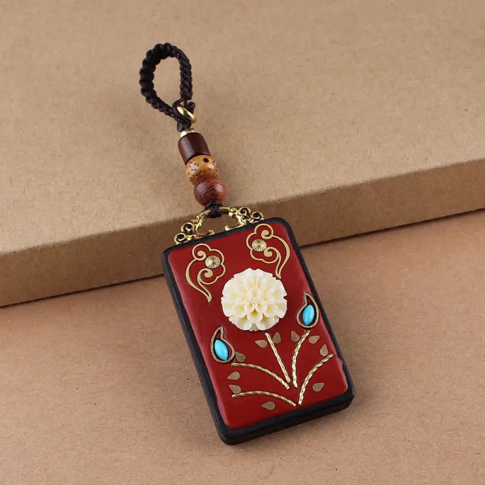 Buddha Stones Ebony Flower Koi Fish Fu Character Button Rope Key Chain - Brown Button Rope / Hydrangea - Key Chain