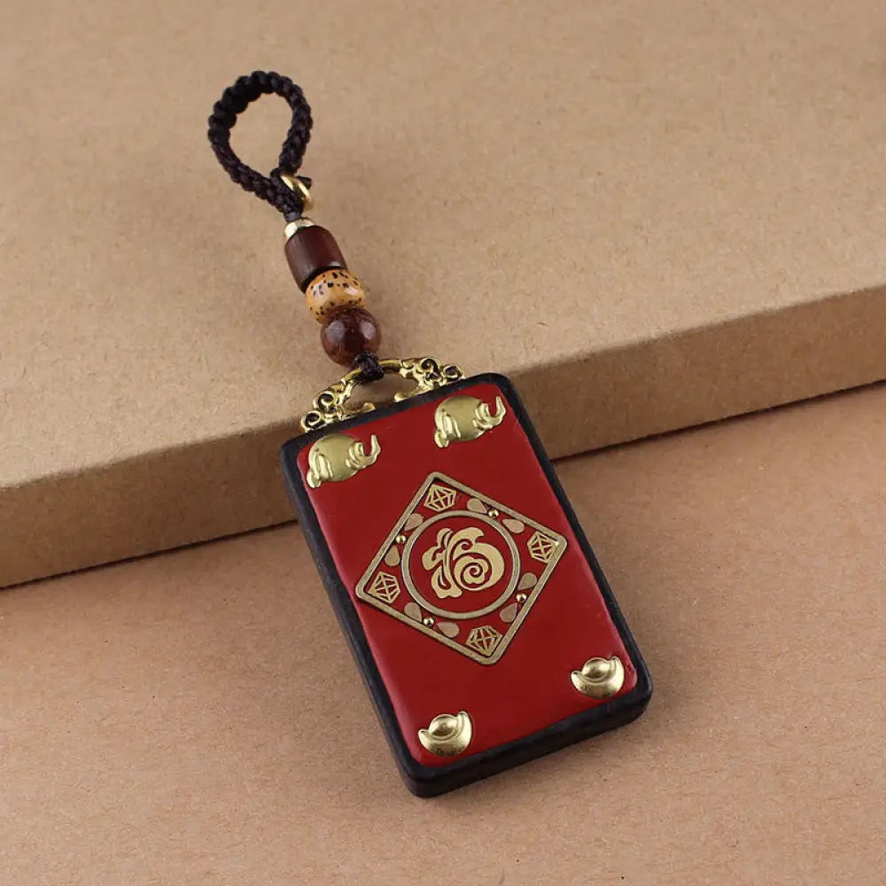 Buddha Stones Ebony Flower Koi Fish Fu Character Button Rope Key Chain - Brown Button Rope / Fu Character Ingot - Key