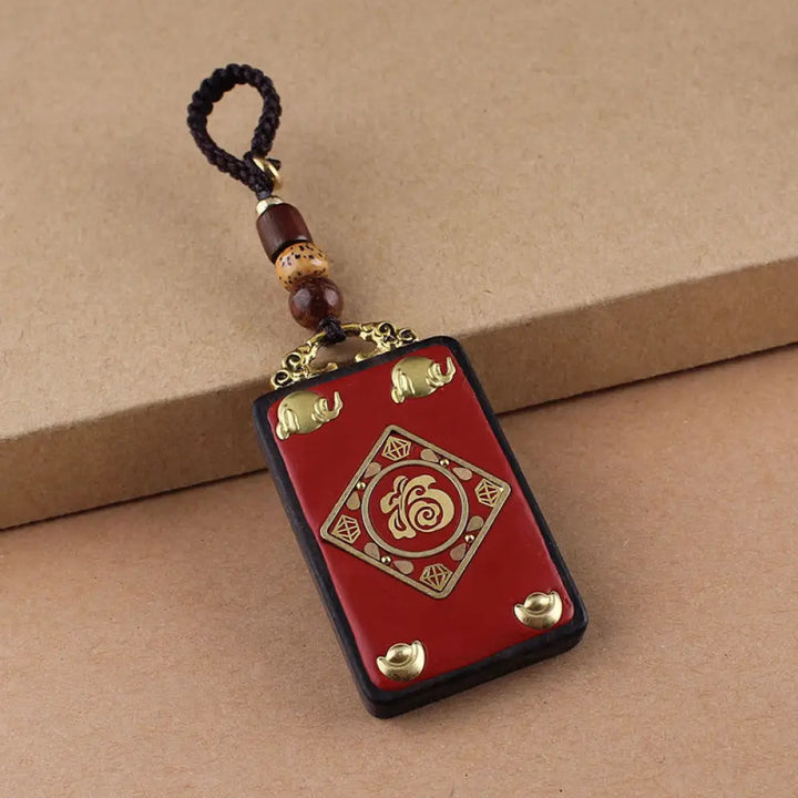 Buddha Stones Ebony Flower Koi Fish Fu Character Button Rope Key Chain - Brown Button Rope / Fu Character Ingot - Key