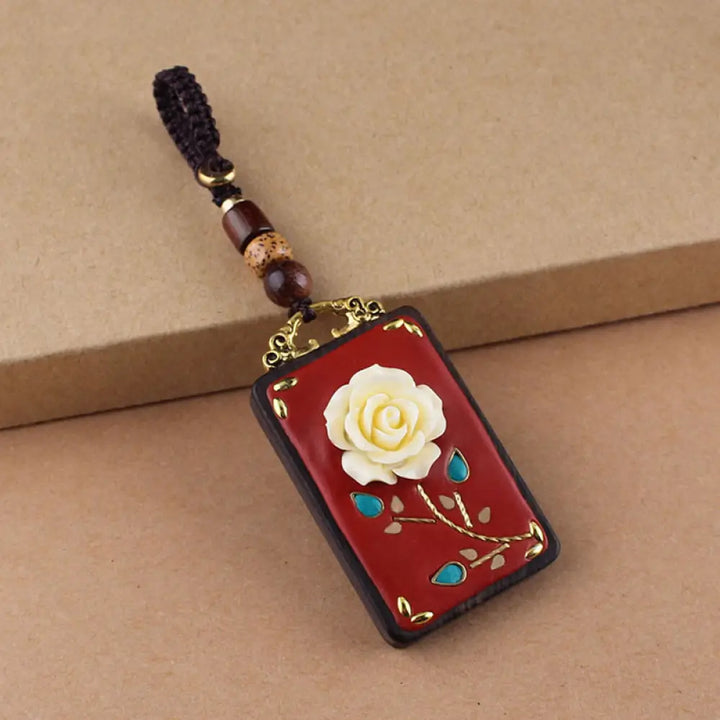 Buddha Stones Ebony Flower Koi Fish Fu Character Button Rope Key Chain - Brown Button Rope / Rose - Key Chain
