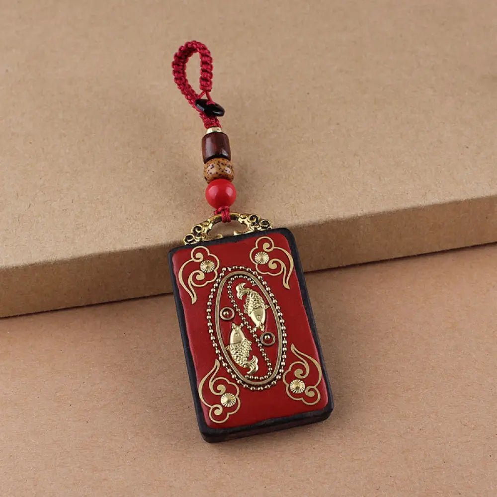 Buddha Stones Ebony Flower Koi Fish Fu Character Button Rope Key Chain - Red Button Rope / Koi Fish - Key Chain