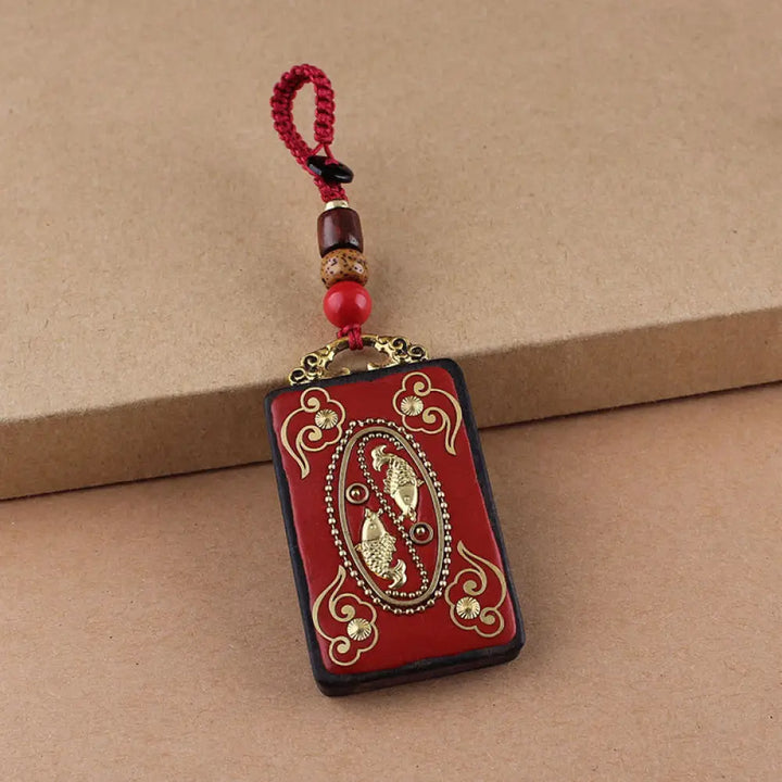 Buddha Stones Ebony Flower Koi Fish Fu Character Button Rope Key Chain - Red Button Rope / Koi Fish - Key Chain