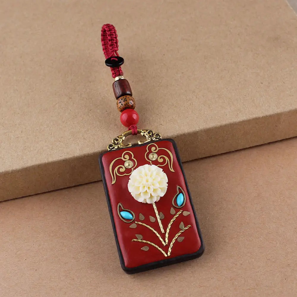 Buddha Stones Ebony Flower Koi Fish Fu Character Button Rope Key Chain - Red Button Rope / Hydrangea - Key Chain