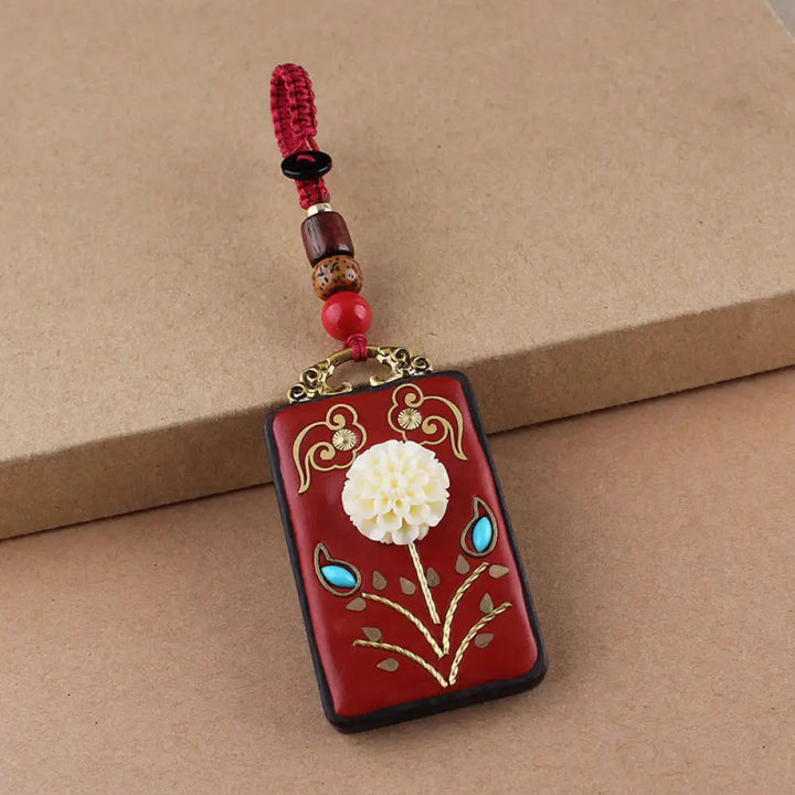 Buddha Stones Ebony Flower Koi Fish Fu Character Button Rope Key Chain - Red Button Rope / Hydrangea - Key Chain