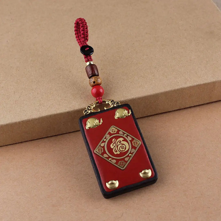 Buddha Stones Ebony Flower Koi Fish Fu Character Button Rope Key Chain - Red Button Rope / Fu Character Ingot - Key