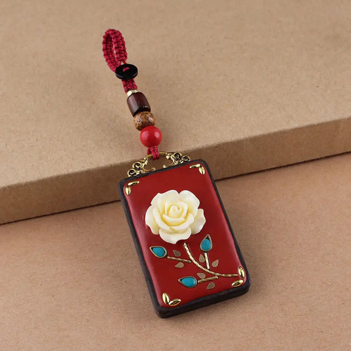 Buddha Stones Ebony Flower Koi Fish Fu Character Button Rope Key Chain - Red Button Rope / Rose - Key Chain