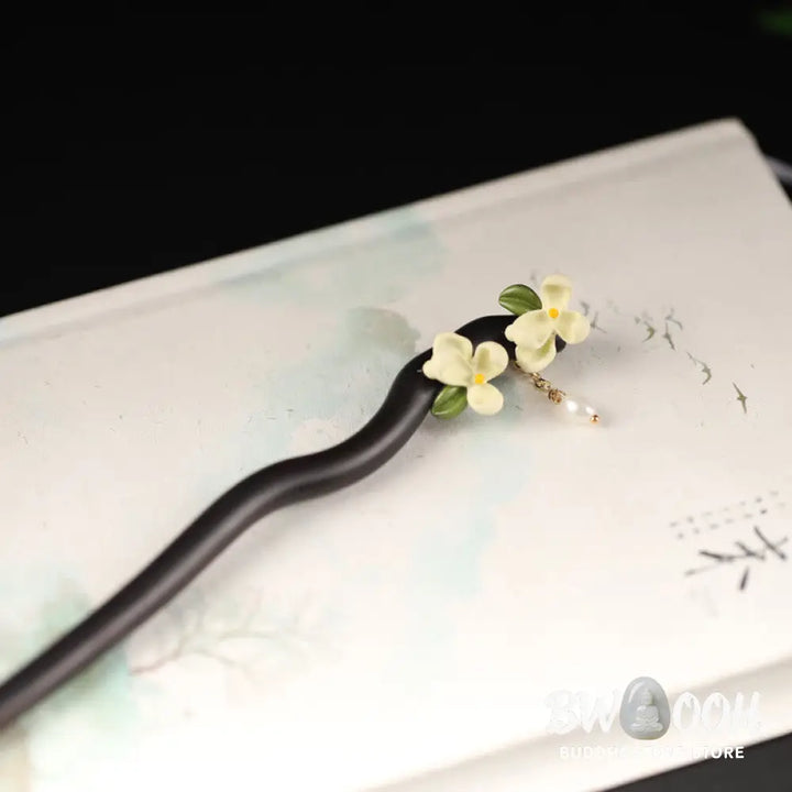Buddha Stones Ebony Gardenia Tassel Courage Hairpin - Ebony Hairpin - Hairpin