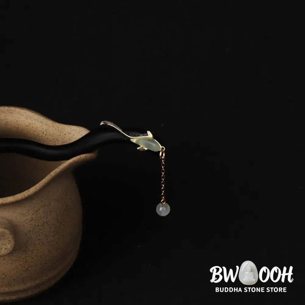 Buddha Stones Ebony Hetian Jade Fish Blessing Hairpin - Ebony Hairpin - Hairpin