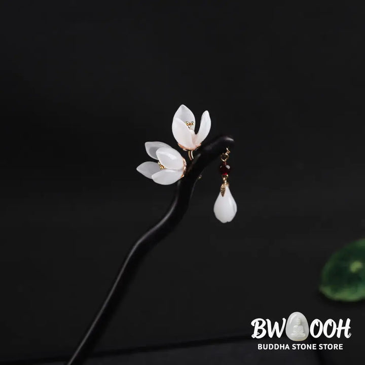Buddha Stones Ebony Magnolia Flower Petals Blessing Hairpin - Ebony Hairpin - Hairpin
