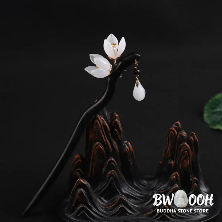 Buddha Stones Ebony Magnolia Flower Petals Blessing Hairpin - Ebony Hairpin - Hairpin