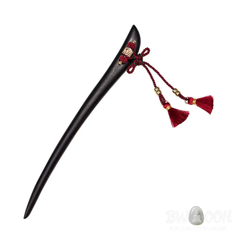 Buddha Stones Ebony Red String Chinese Knot Tassel Protection Hairpin - Ebony Hairpin - Hairpin