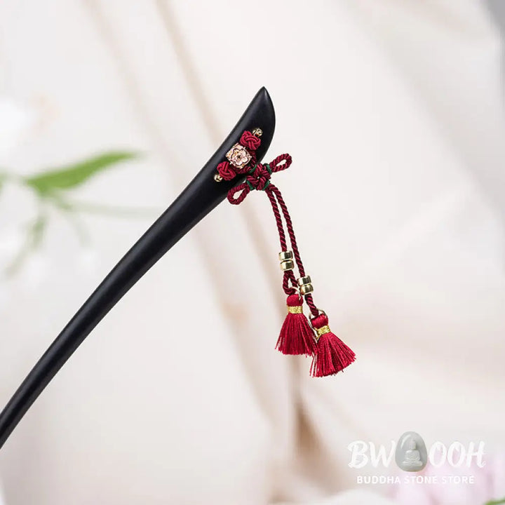 Buddha Stones Ebony Red String Chinese Knot Tassel Protection Hairpin - Ebony Hairpin - Hairpin