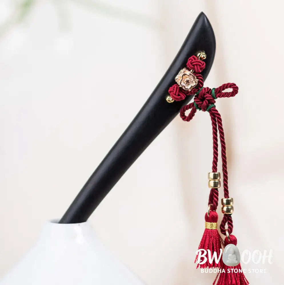 Buddha Stones Ebony Red String Chinese Knot Tassel Protection Hairpin - Ebony Hairpin - Hairpin