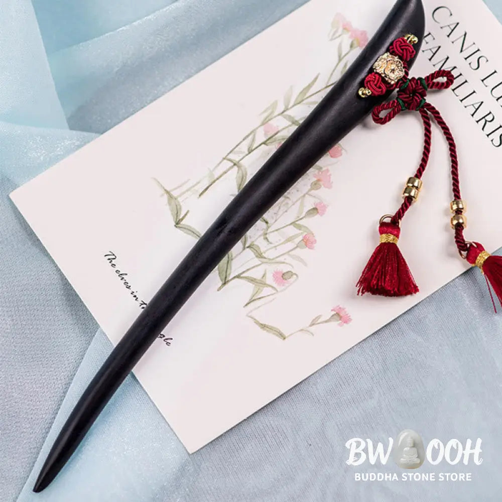 Buddha Stones Ebony Red String Chinese Knot Tassel Protection Hairpin - Ebony Hairpin - Hairpin
